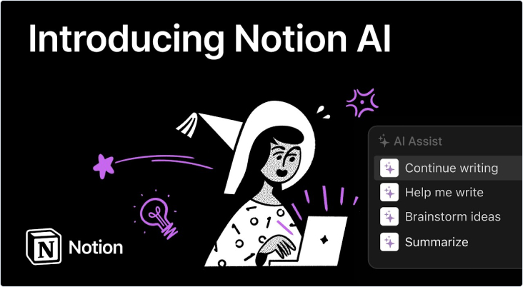 A Notion AI funkciójának bemutatása. Egy varázsló süveges rajzolt női figura dolgozik a számítógépén. Sötét háttér, fekete-fehér rajz.