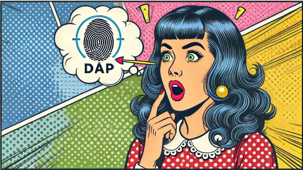 Kép egy meglepett nőről, aki a Digitális Állampolgárság Programot (DÁP) jelképező ujjlenyomat ikonra reagál az Ügyfélkapu megszűnésének hírére.