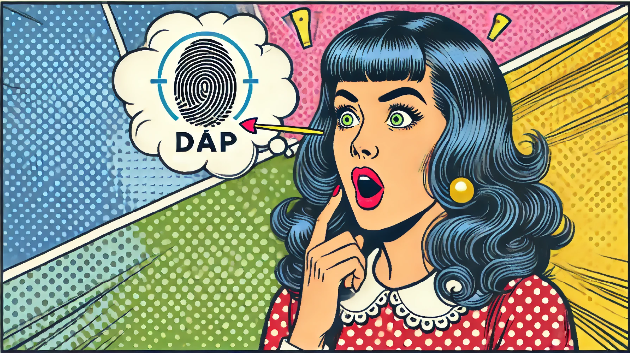 Kép egy meglepett nőről, aki a Digitális Állampolgárság Programot (DÁP) jelképező ujjlenyomat ikonra reagál az Ügyfélkapu megszűnésének hírére.