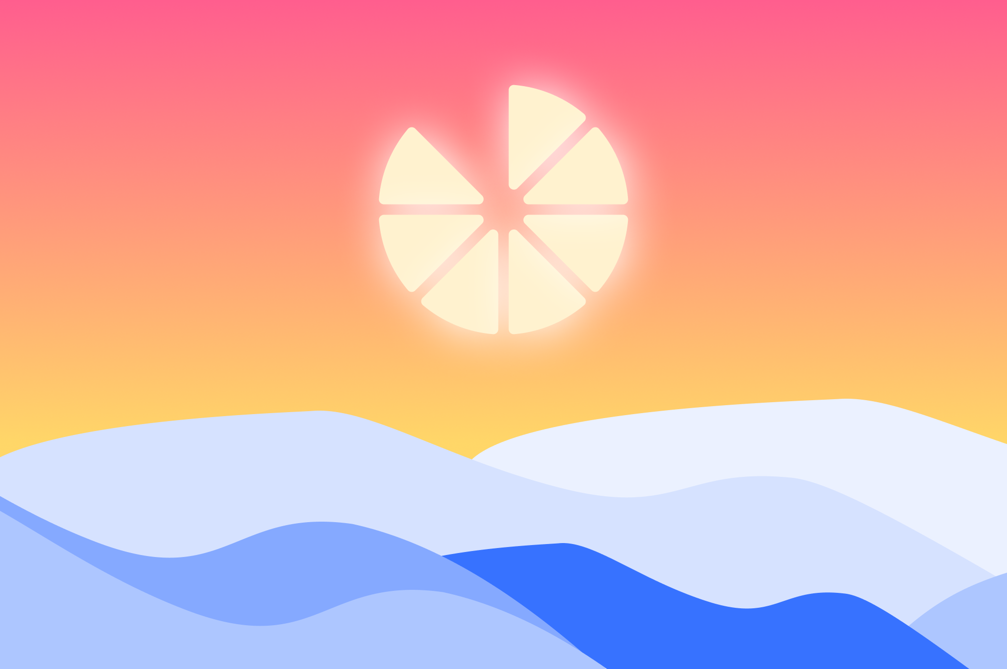 Sunset over the sea with the minup logo shining bright on the horizon.