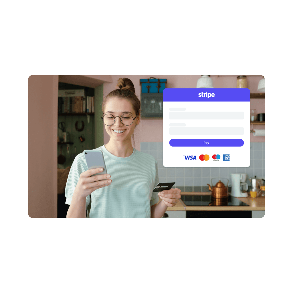 Woman holding a bank card and smiling at her phone, ready to pay online, with illustrated payment form showing Stripe pay button and accepted credit card types.