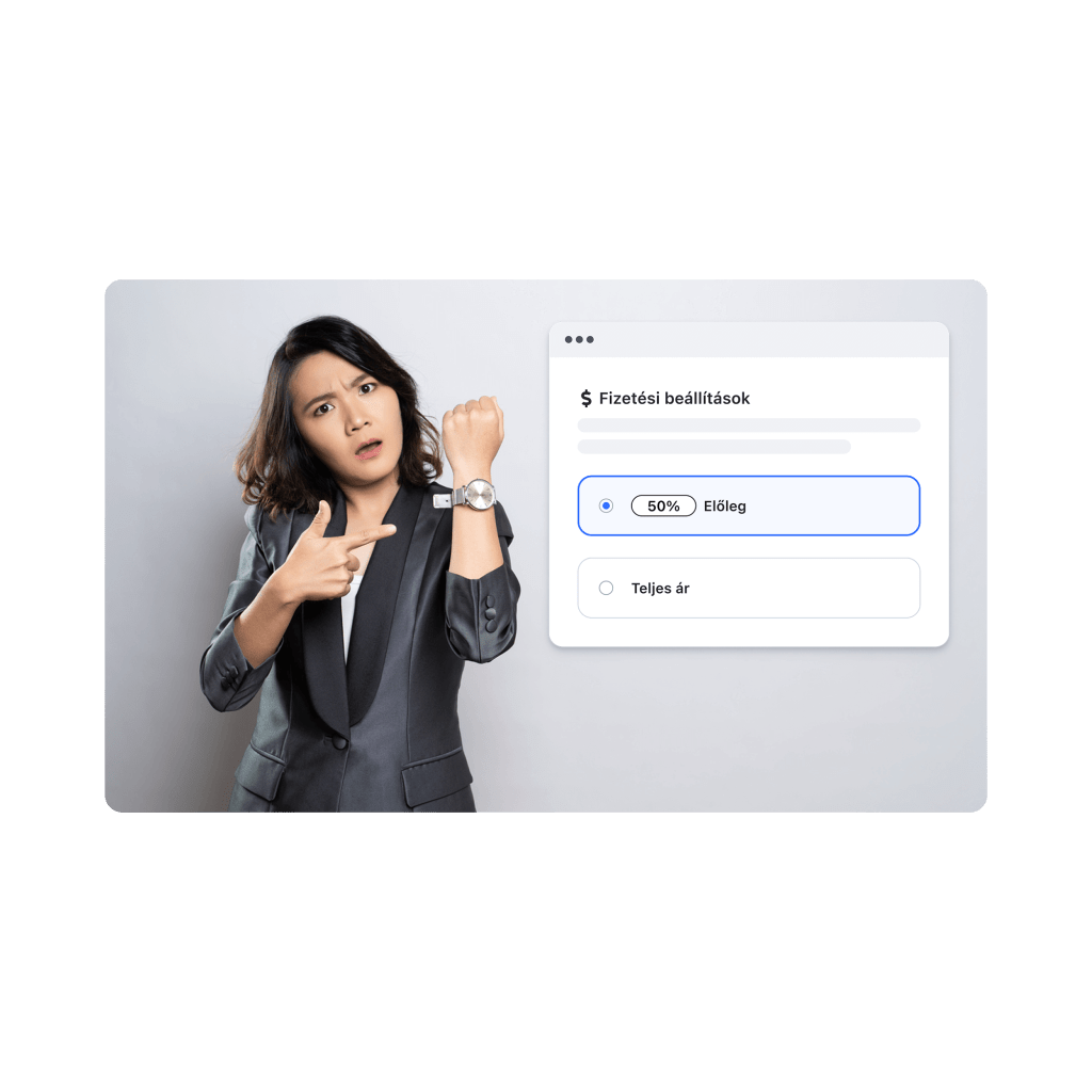 Egy nő csalódott arccal az órájára mutat, mellette egy stilizált illusztráció az előlegfizetés beállításáról, amely kiemeli az elköteleződés és a biztos foglalás fontosságát online időpontfoglalásnál.