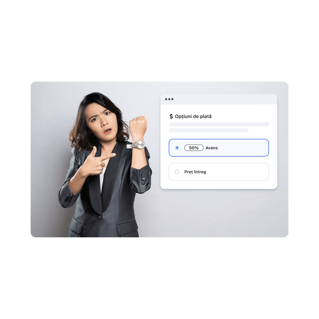 Femeie care arată frustrată spre ceasul de la mână, lângă o ilustrație stilizată a stabilirii unei plăți în avans, evidențiind importanța angajamentului la efectuarea unei programări.