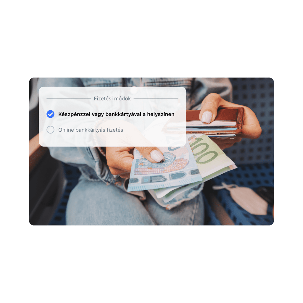 Egy nő a pénztárcáját tartja és készpénzt ad át, mellette egy stilizált fizetési illusztráció látható, amelyen a helyszíni fizetés opció van kiválasztva.