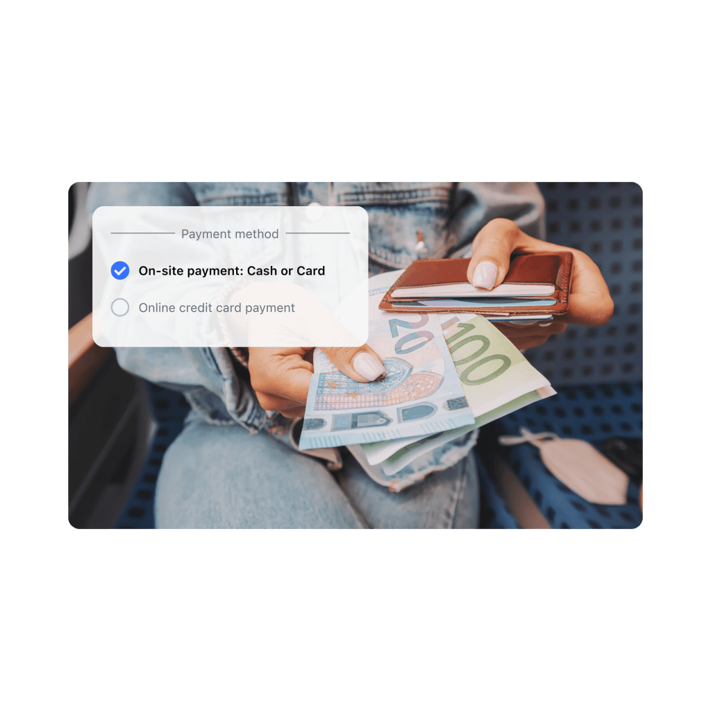 Woman holding her wallet and handing out cash, next to a stylized checkout illustration showing the on-site payment option selected.