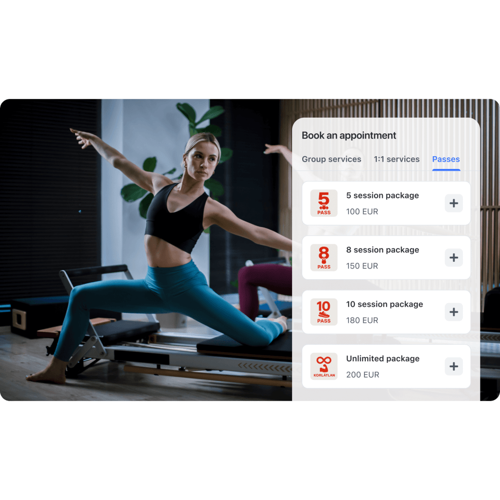 Screenshot of a gym’s Minup booking page displaying purchasable passes (5-session, 8-session, etc.), with women practicing reformer pilates in the background.