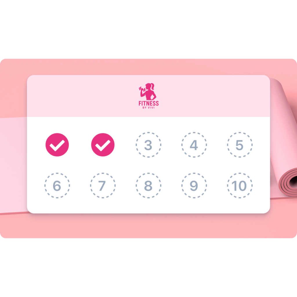 Illustration of a 10-session fitness pass card for ‘Fitness by Vivi,’ showing the first two sessions marked as completed with pink check marks. Used to demonstrate how admins can track and manually update client sessions in the system.