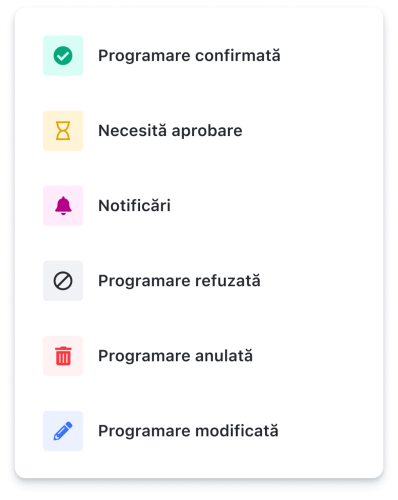 Captură de ecran care arată diverse șabloane de email pe care utilizatorul le poate edita, inclusiv opțiuni pentru programare confirmată, aprobare necesară, reamintire, programare refuzată, programare anulată și programare actualizată.
