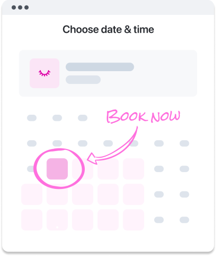 Online booking calendar with selectable dates for lash and brow appointments.